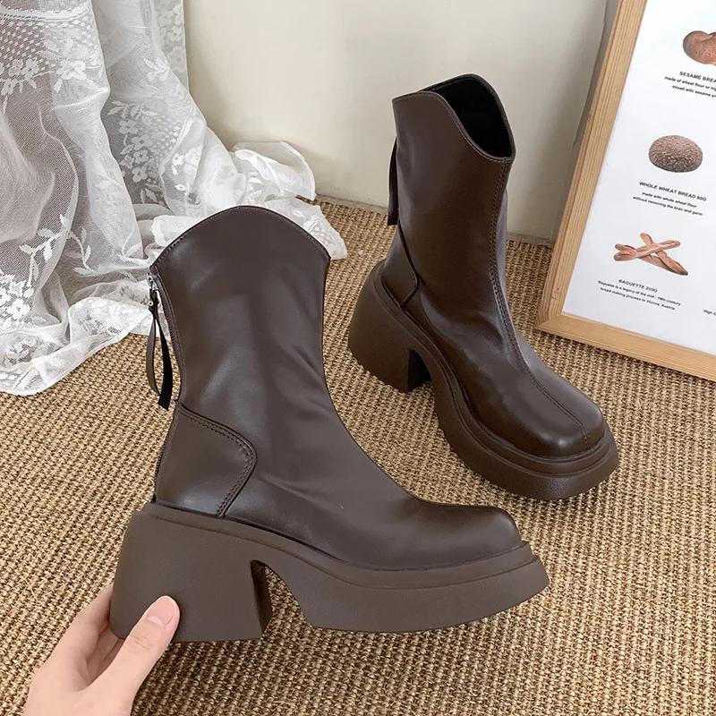 

Зимние черные женские ботильоны на платформе, модные элегантные туфли с молнией сзади, женские короткие ботинки Morder на толстом каблуке 35