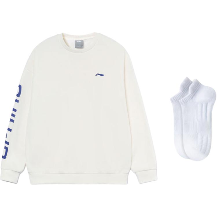 Li Ning Training Collection Logo Print Thermal Fleece Lined Loose Fit Pullover Sweatshirt Unisex White AWDRF44-3