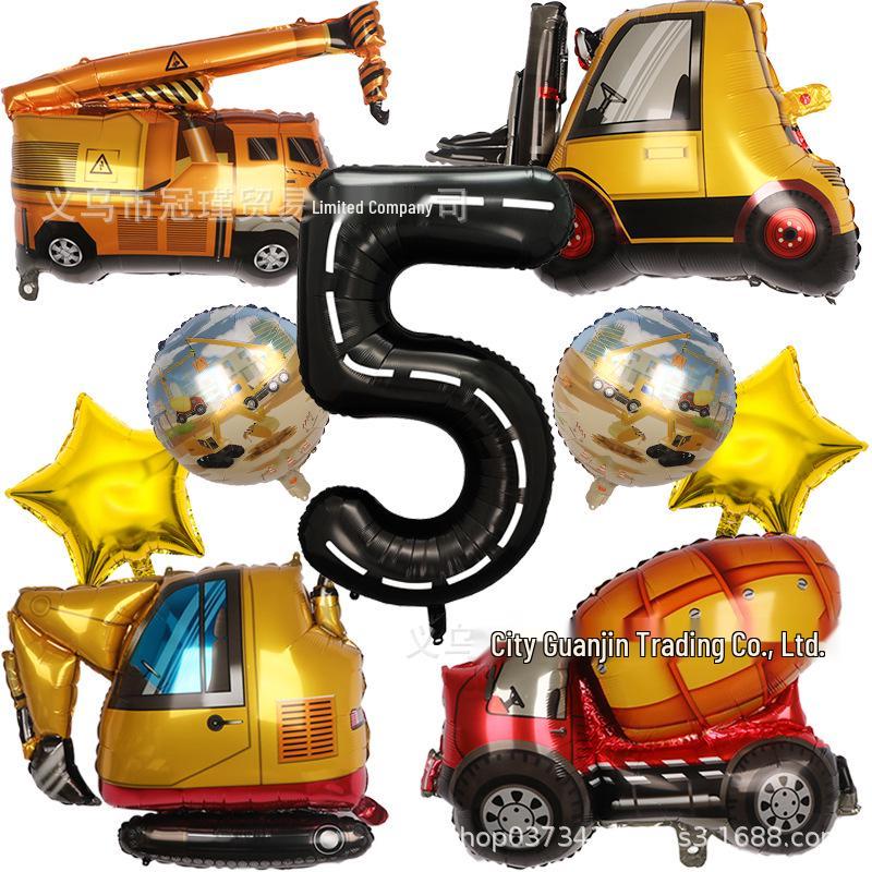 Cartoon Construction Vehicle Balloon Set: Forklift, Cement Mixer & Excavator for Kids' Birthday Decorations