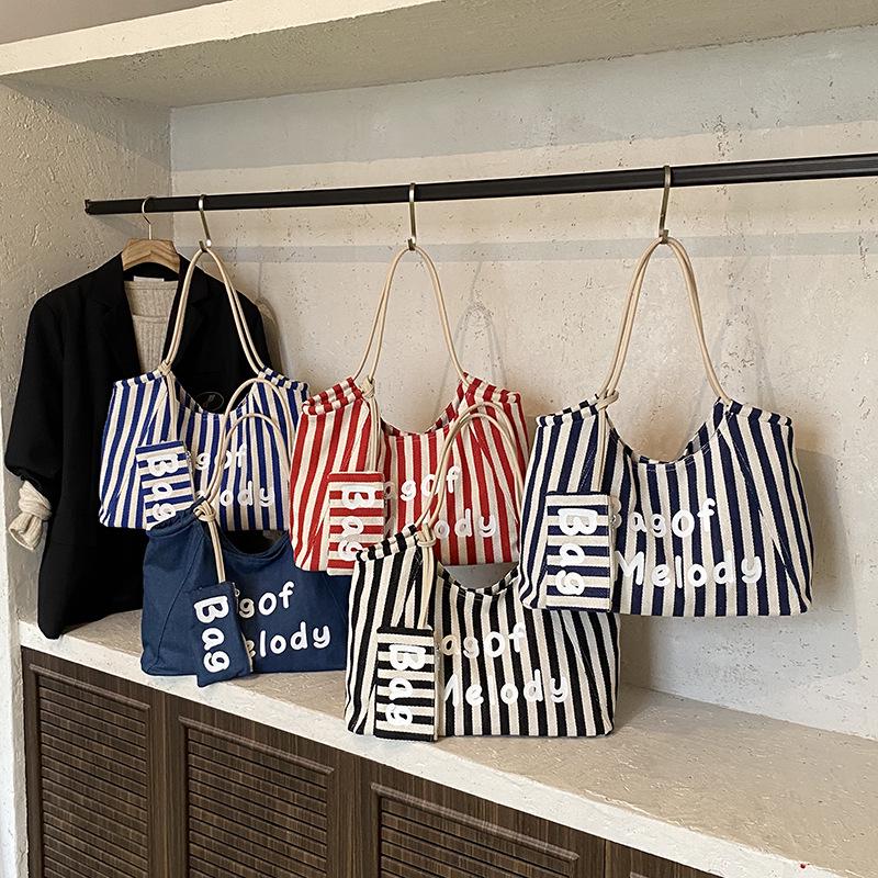 Canvas Striped Tote Bag - Women's College Style Handbag & Shoulder Bag