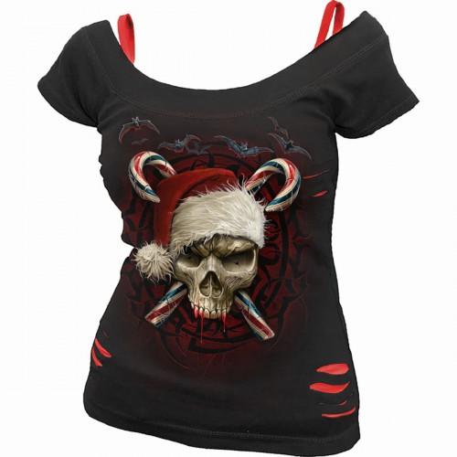 Spiral Direct feminino/senhora Candy Cane Santa rasgado blusa de manga curta S preto