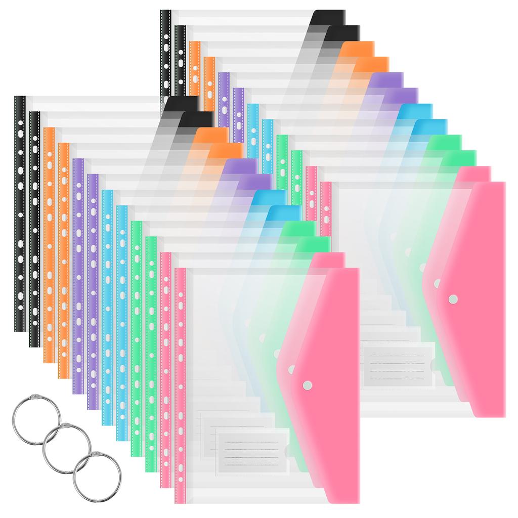 24 Pcs A4 Binder Pocket Organizer Folders Expandable Waterproof Envelopes Binder Folders Clear Snap Button For School Office