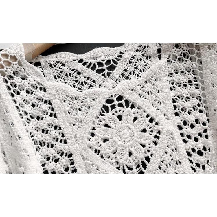 Women Summer Lace Knit T-Shirt O-Neck Hollow Long Sleeve Loose Basic White Top Tee Vest Tops Clothing