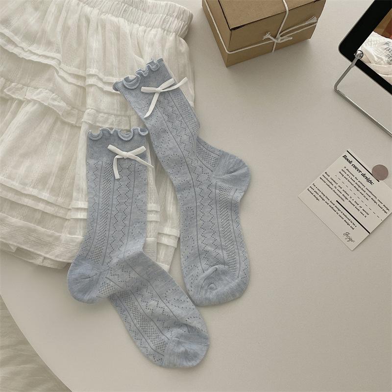 Sweet And Versatile Summer New High-Elastic Cotton Fungus Edge Love Hollow Macaron Bow Thin Socks