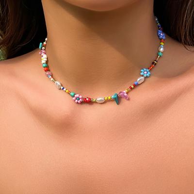 Salircon Bohème Multicolore Tissé à la Main Perles de Rocaille Fleur Perles Collier Ras du Cou Tendance Y2K Perle d'Imitation Collier Ras du Cou Bijoux de Fête pour Femmes