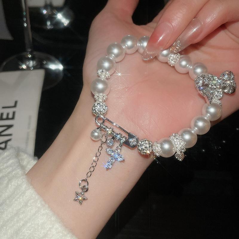 Rose Diamond Inlaid Pearl Bracelet Design Sense Niche High Value Temperament Personalized Fashion Shiny Bracelet