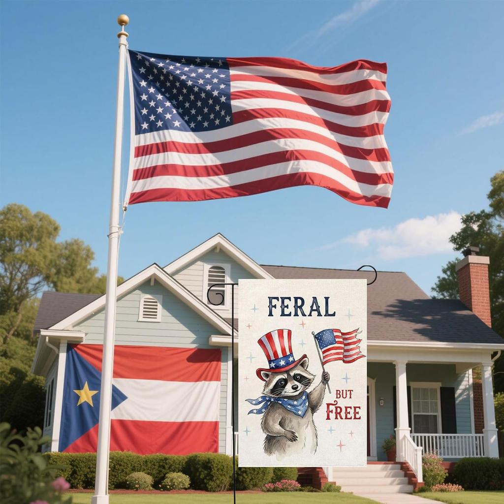 Feral but free 4th of July Garden Flag 12x18 Inch Double Sided Outdoor Independence Day Patriotic American Funny Opossum Hol