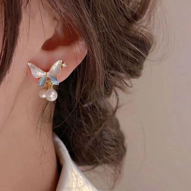S925 Silver Needle Blue & White Butterfly Earrings: Elegant, Fashionable, Versatile Jewelry