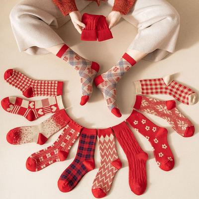 Cotton Socks New Year Women's Socks Thick Autumn Winter Red Socks Middle Tube Socks  Wedding