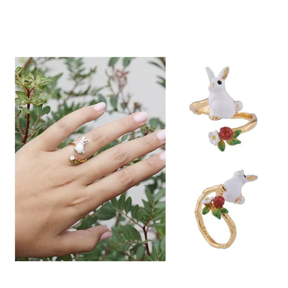 Adjustable Open Ring with 3D Cute Cat Face Hydrangea Flower Raspberry Bunny Design for Women Fashion Jewelry