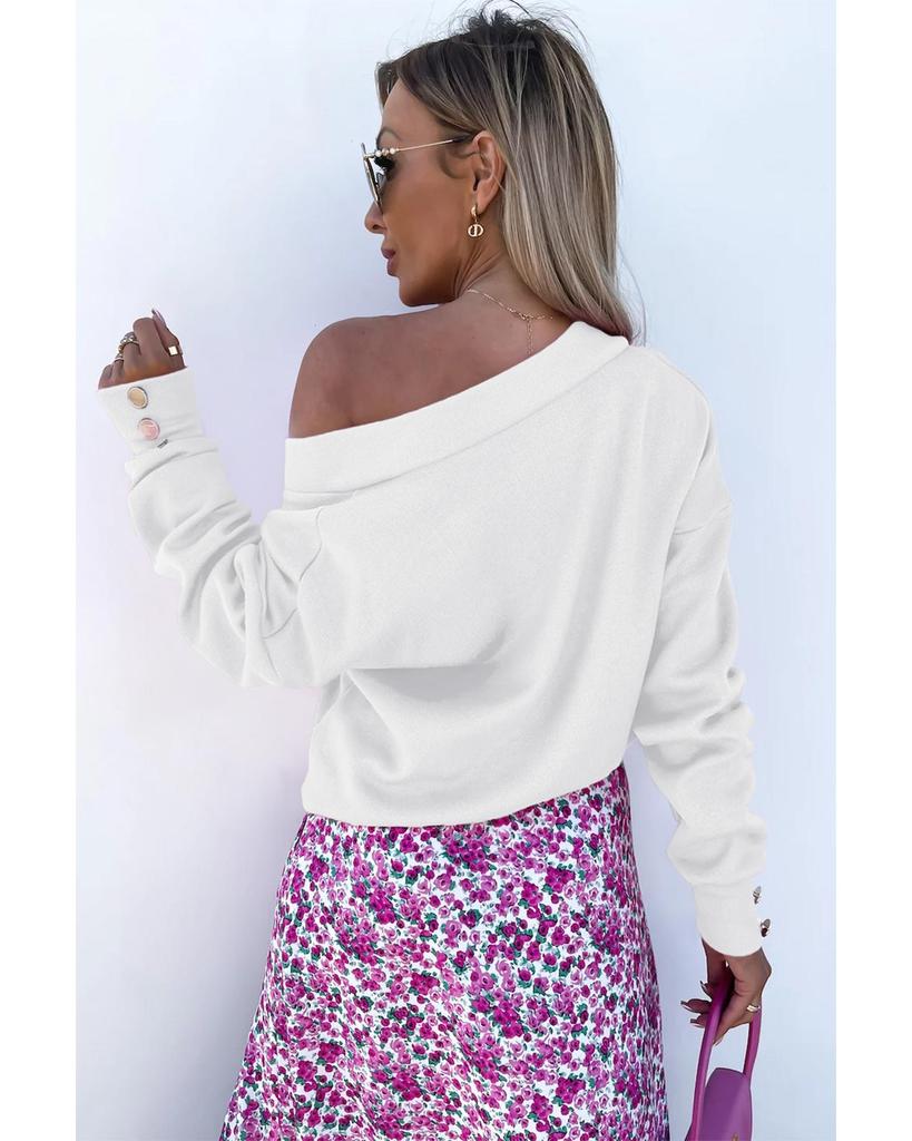 Azura Exchange Bílý pletený svetr s véčkovým výstřihem a manžetami na knoflíčky