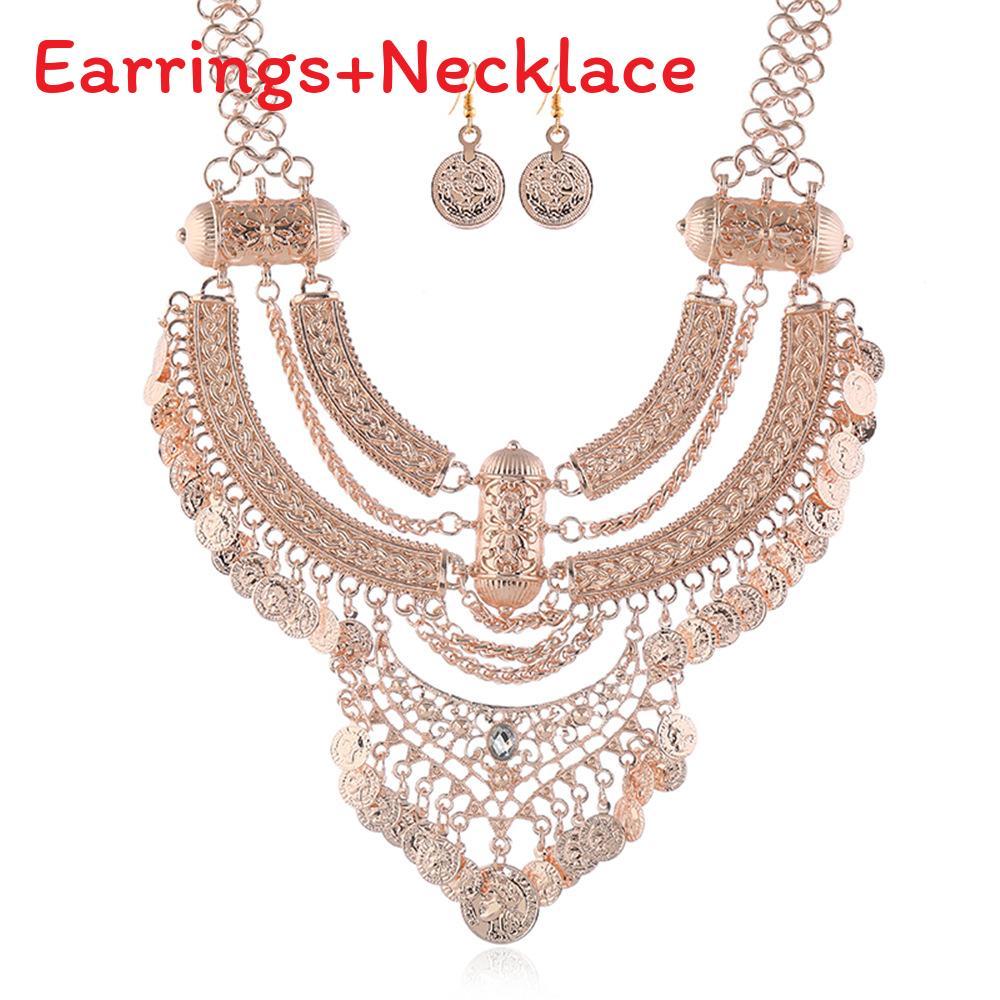 Finish Antique Coin Necklace Earrings With Bold Chain Women Accessories Elegant