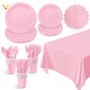 Birthday Party Tableware Set: Light Pink Napkins, Paper Cups, Plates & Tablecloth.