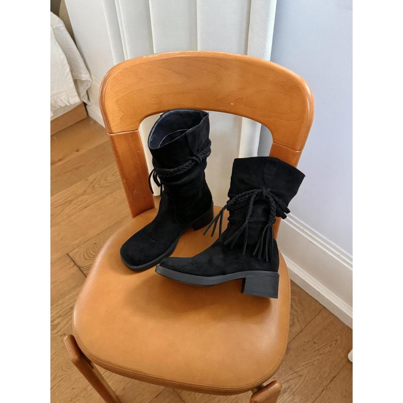 

Ветер пустоши~ бахрома рыцарские ботинки осень и зима короткие ботинки женские толстый каблук мягкая подошва замшевые ботинки на подкладке средняя голень V-образный вырез ковбойские ботинки 39 чёрный