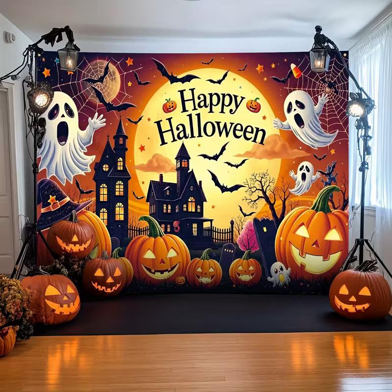 2D Spooky Halloween Backdrop with Full Moon, Ghosts and Pumpkins Party Decoration Background