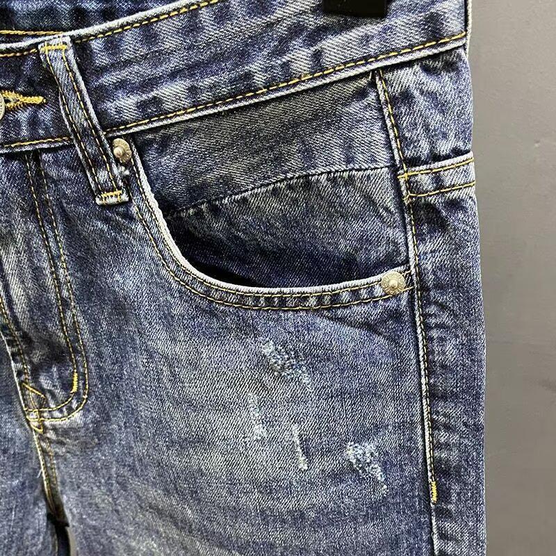 Men's Slim Fit Denim Shorts with Ripped Details - Casual American and Korean Style