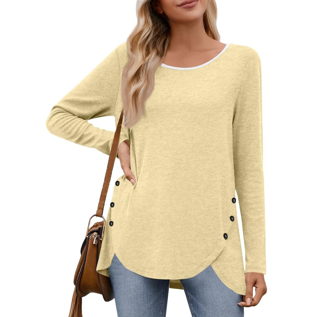 Women's Fashion Casual Solid Color Round Neck Long Sleeve Button Tops On Both Sides