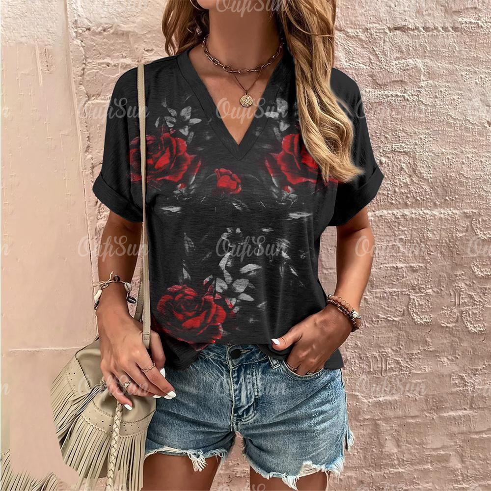 

Short Sleeve Women s T-Shirt Summer Woman Tshirt Oversized 3d Retro Flowers Clothing Tops 2024 Streetwear Loose V-Neck Pullover XS
