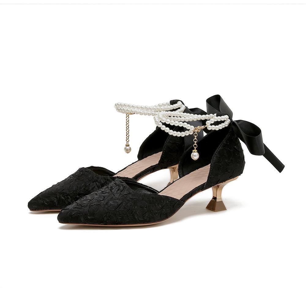Pearl Chain High-heeled Sandals 2025 Summer New Pointed High-heeled Shoes Fairy Wind Hollow Ribbon Stiletto Single Shoes Women