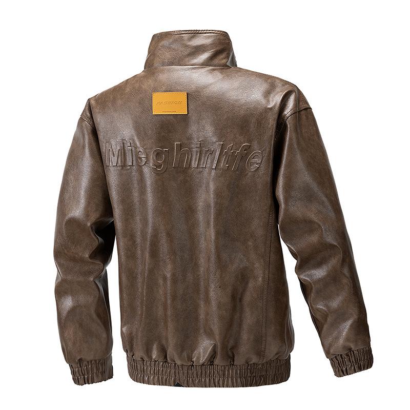 American PU leather jacket for men, spring and autumn new stand-up collar biker jacket, versatile trendy jacket, coat
