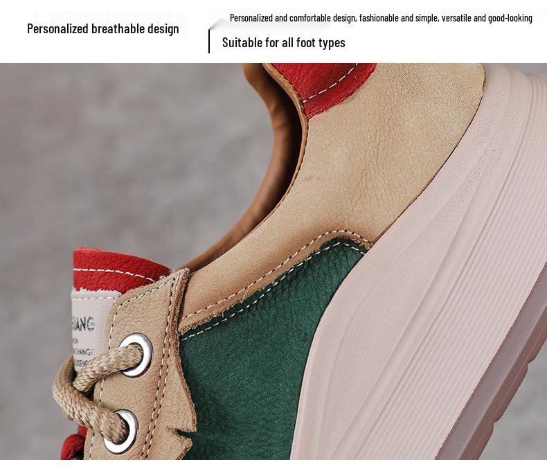 Autumn Women's Thick Sole Genuine Leather Lace-up Casual Shoes - Colorblock Low-top Spring Design