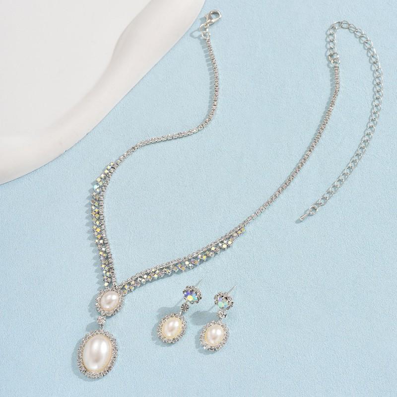 Elegant Crystal-Embellished Pearl Drop Necklace Earrings Set Women Silver-Tone Waterdrop Design Formal Occasion Jewelry