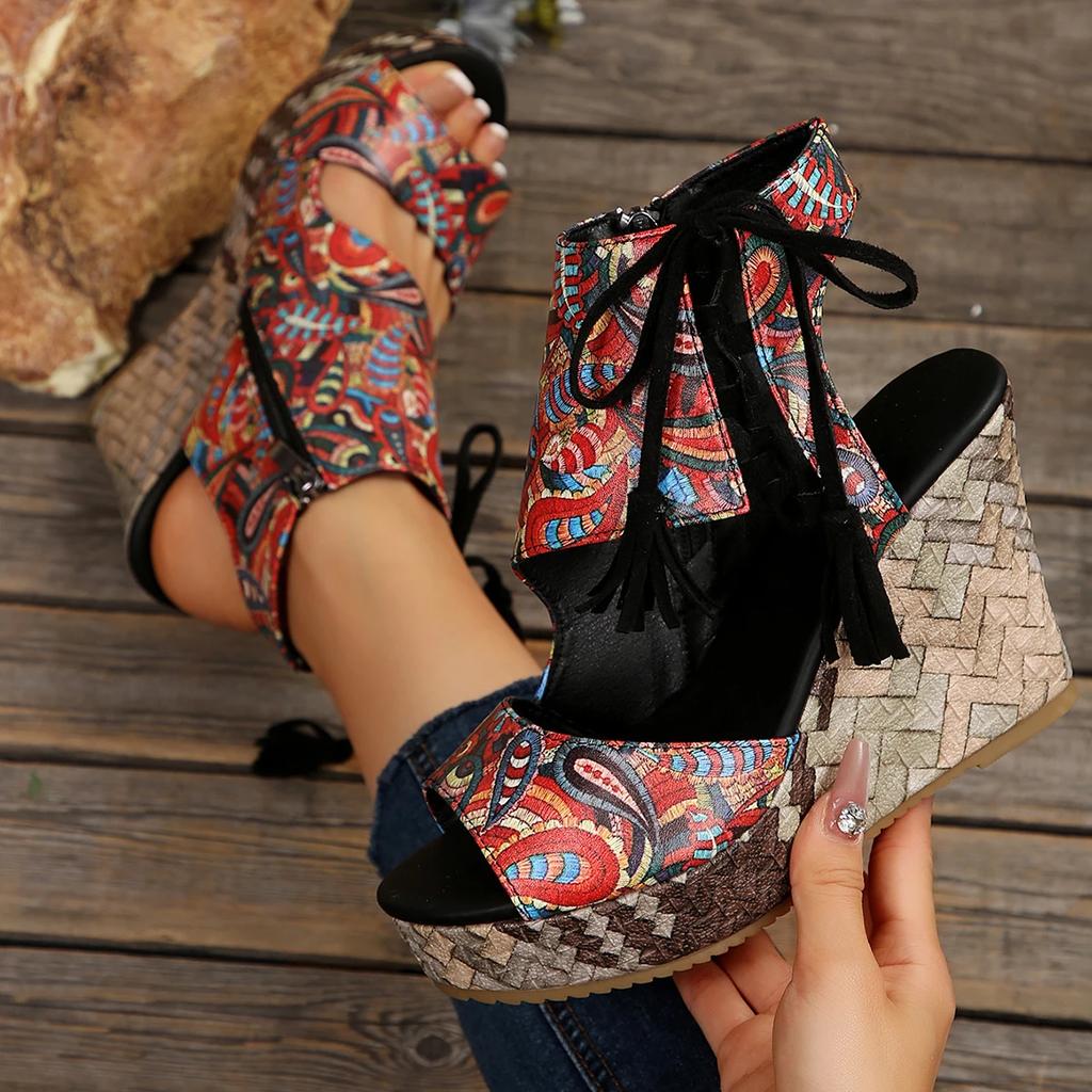 Damskie Sandały Klinowe Rekreacyjne Rzymski Splot Wodoodporne Sandały Platformowe Damskie Sandały Frędzle Wysokie Obcasy Buty Damskie Sandalias De Mujer