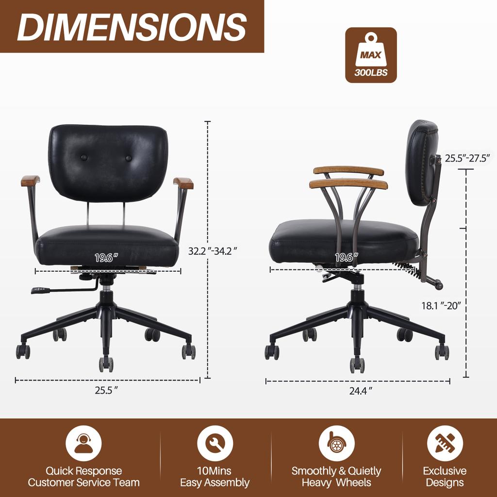 Home Office Schreibtischstuhl, Ergonomischer Ledersessel für den Computer mit Rollen und Eichenholz-Armlehnen, Höhenverstellbarer Drehstuhl für Führungskräfte