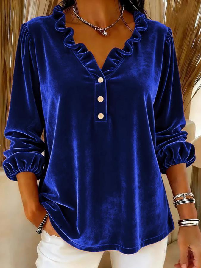 European and American women's clothing new solid color women's velvet ruffle edge collar long-sleeved V-neck top