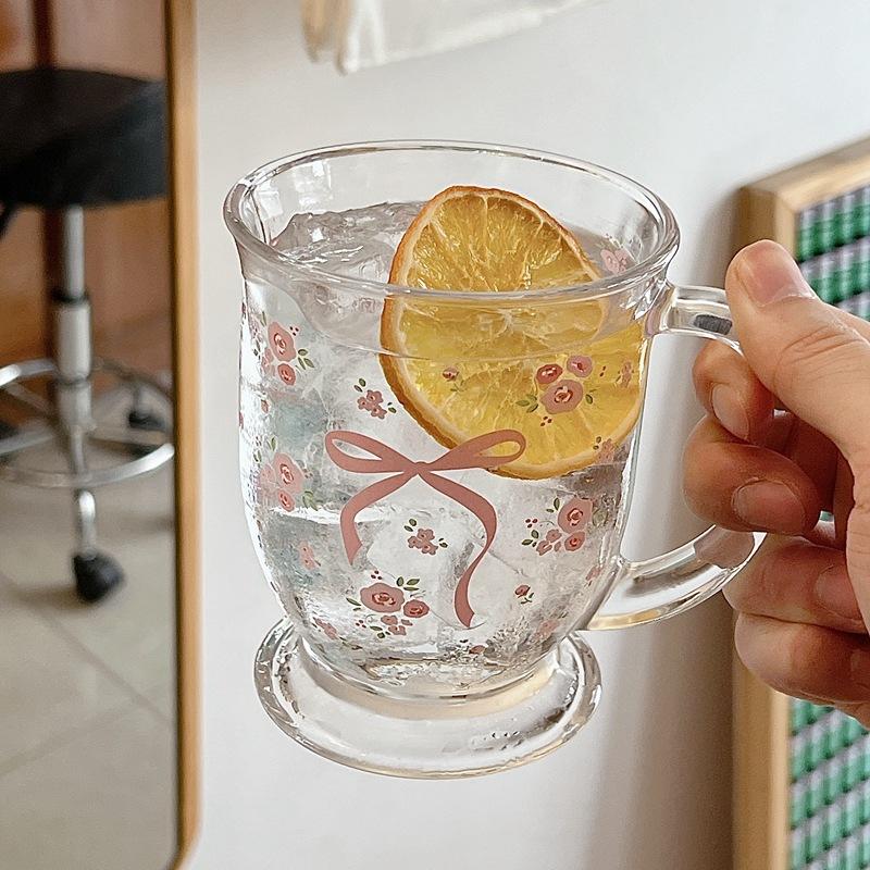Kawaii Bowknot Glass Cups Bow Knot Rose Glass Milk Cup Fragmented Flowers Cold Extract Cup for Drinkware Coffee Breakfast Cup