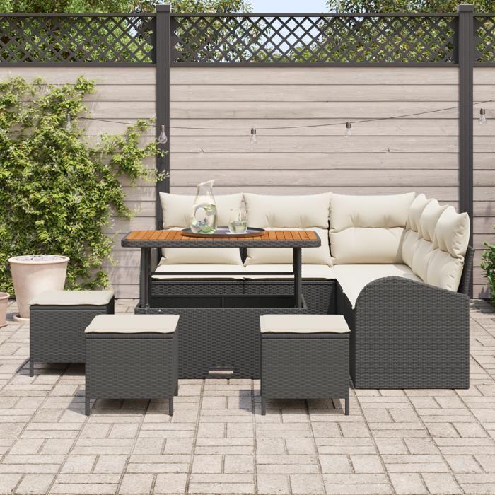 Ensemble de Sofa de Jardin 9 Pièces avec Coussins Noir Poly Rattan Acacia, Sofa de Jardin 2 Places avec Rangement &amp; Coussins 3364350