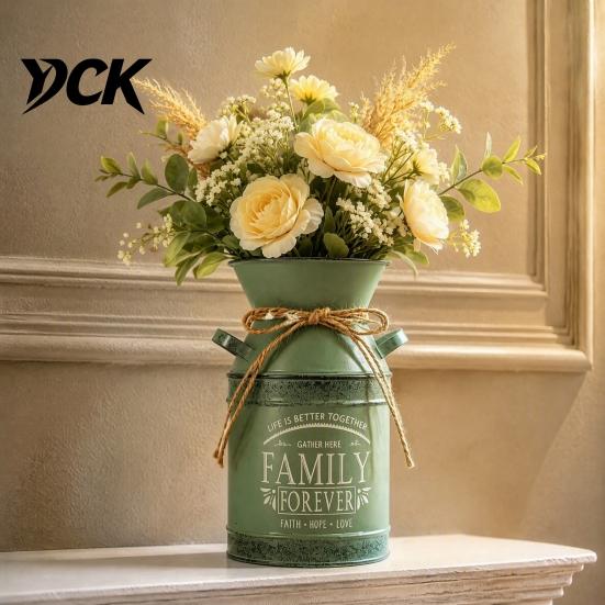 Stabile Schmiedeeisen-Handwerkskunst Vintage Metallmilchkannen-Vase, Bauernhaus-Blumenkübel mit Griffen & Jute Innenfenster-Ausstellungsdekor-Schleife, Shabby Dekorativ