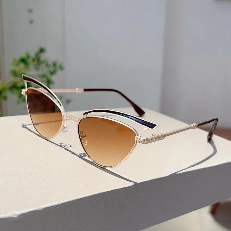 KAMMPT Hollowed Cat Eye Sunglasses Women Fashion Gradient Decorative Shades New Trendy Design Casual Outdoor Sun Glasses