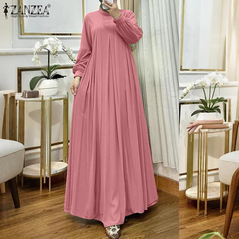 ZANZEA Womens Casual Round Neck Loose Long Sleeve Long Dress