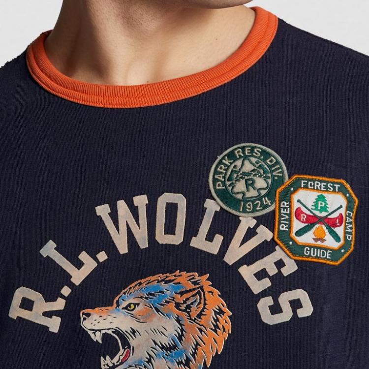 Polo Ralph Lauren Logo Naszywka z Haftem Głowa Wilka Okrągły Dekolt Luźna Bluza Męska bluza Niebieska 710791603-001