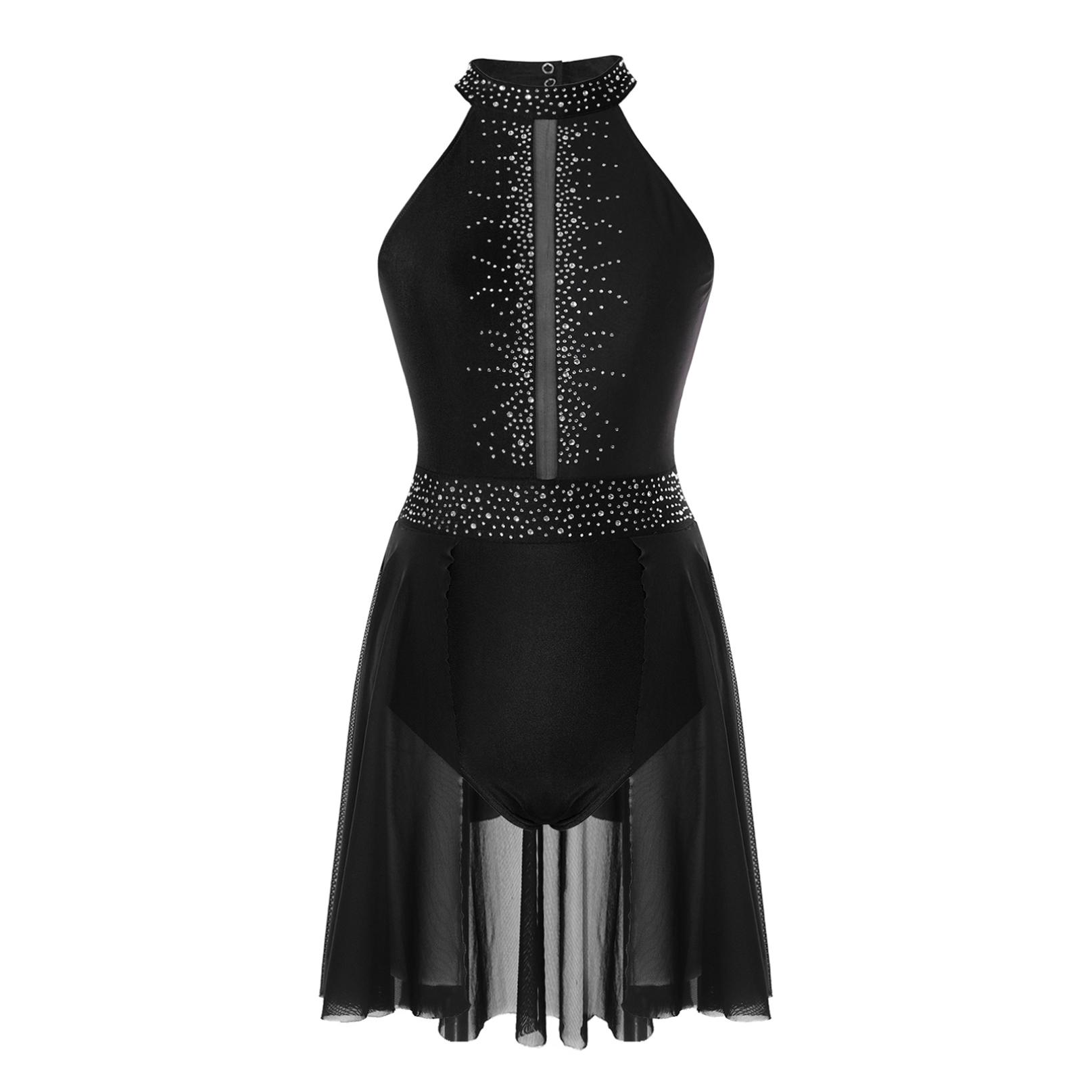 

Жінки Холтер Блиск Rhinestone Ліричний танцювальний костюм Балетне купальник Танцювальне плаття Виступ S чорний