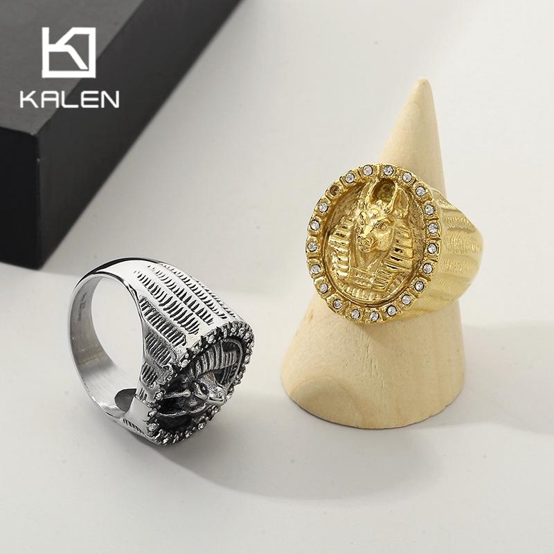 Hip Hop Gold Color Egyptian Mythology Large Ring for Men Vintage Stainless Steel Stone Finger Ring Personalized Trend Jewelryl