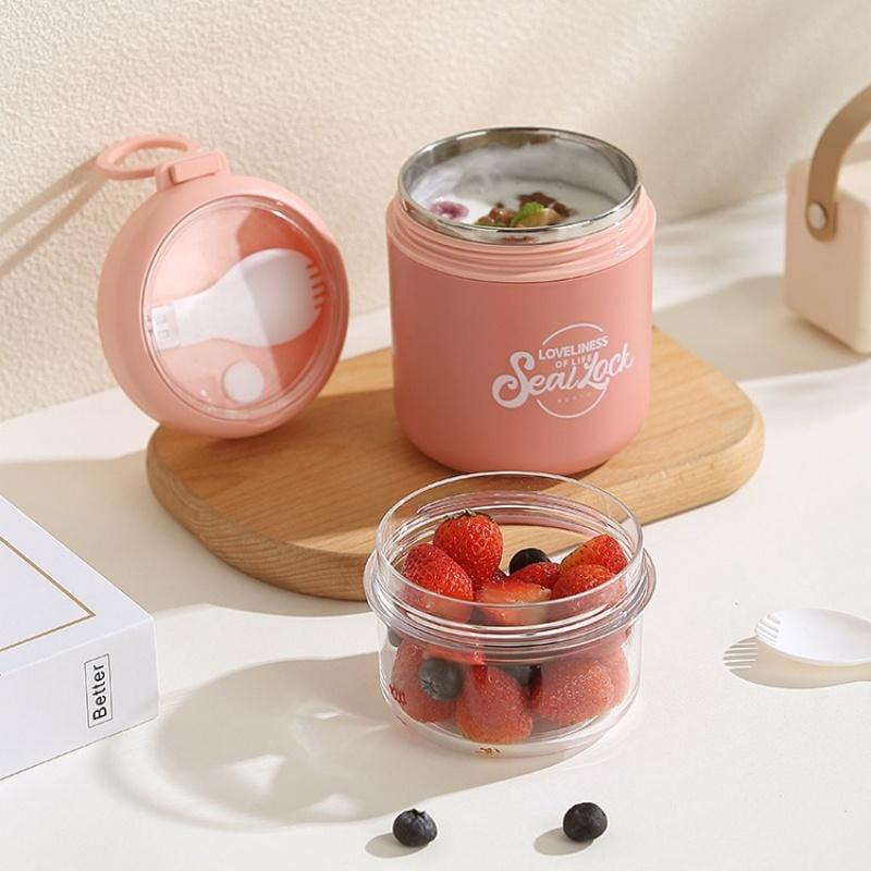 Double Layer Salad Cup Oatmeal Soup Cups with Spoon Stainless Steel Porridge Bowl Portable Office Worker Students Lunch Box