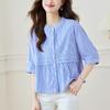 Striped Short-sleeved Shirt Women's Tops for Summer New Style Design Niche Wear Round Collar Shirt