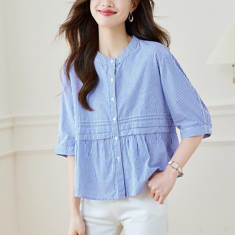 Striped Short-sleeved Shirt Women's Tops for Summer New Style Design Niche Wear Round Collar Shirt