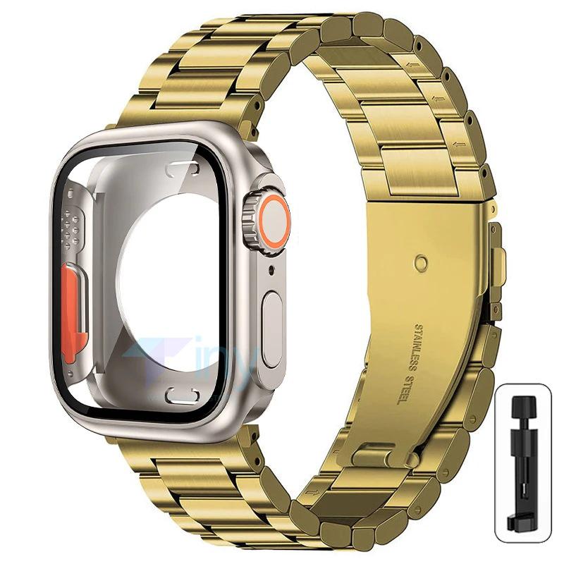 Compatible with Apple Watch Series 10 (46/40/41/44/45mm) Stainless Steel Three-Bead Strap + Full Coverage PC Case