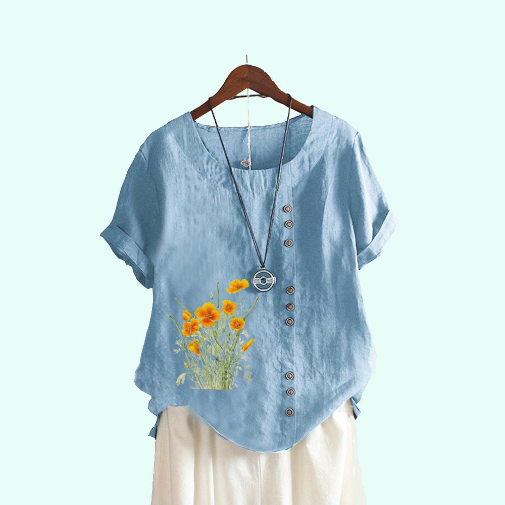 

Женская летняя футболка с коротким рукавом, красивые цветочные принты, повседневные блузки с круглым вырезом, одежда больших размеров M светло-синий