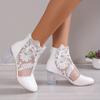 Floral Print Lace Ankle Boots - Women's Square High Heel Shoes, Round Toe, Back Zipper