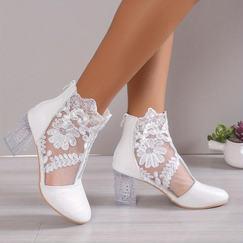 Floral Print Lace Ankle Boots - Women's Square High Heel Shoes, Round Toe, Back Zipper