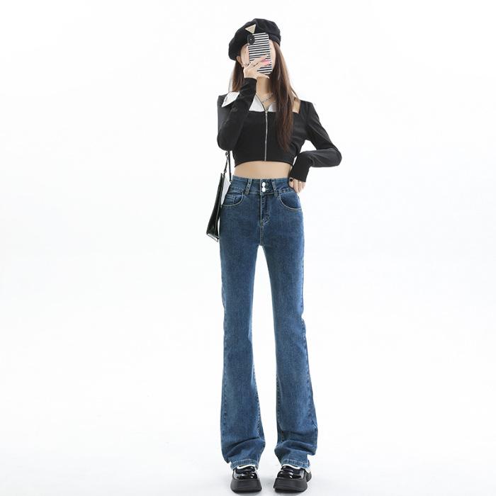 Fleece Slightly Pulled Jeans, Thickened Fleece Double-buckle Elastic High-waisted Belly and Thin Denim Flared Pants
