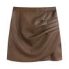 Women's Plus Size Black High-Waist Pleated A-Line Mini Leather Skirt