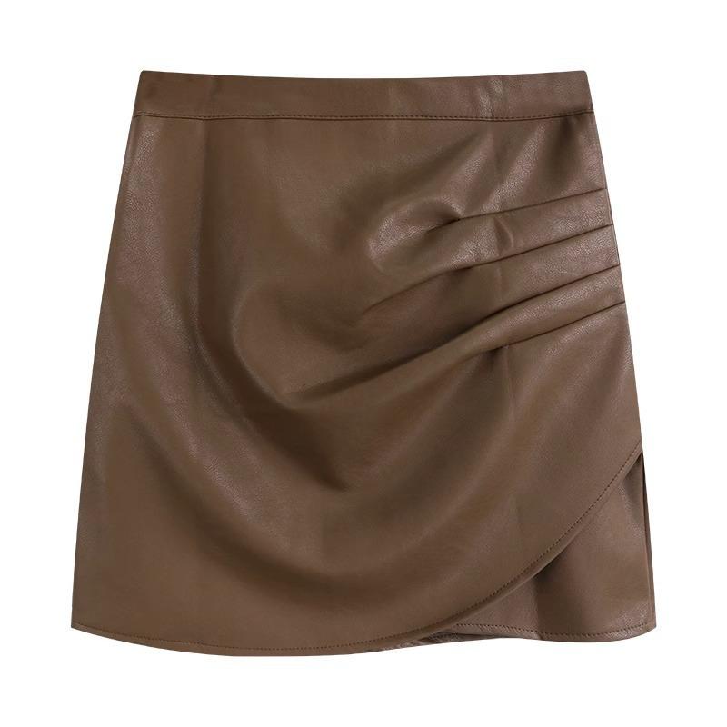 Women's Plus Size Black High-Waist Pleated A-Line Mini Leather Skirt