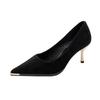 Metal pointed high heels women's thin heels 2025 new Korean version black suede celebrity style shallow mouth temperament single shoes
