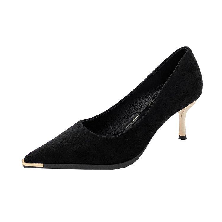 Metal pointed high heels women's thin heels 2025 new Korean version black suede celebrity style shallow mouth temperament single shoes