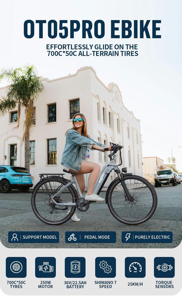 ONESPORT OT05 Pro Electric Bike, 250W Motor, 36V 22.5Ah Battery, 700*50C Tires, 25km/h Max Speed